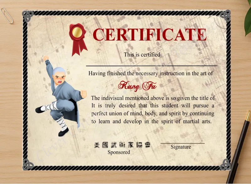 Professional preview of Elegant Shaolin Kung Fu Certificate certificate on high-quality stationery paper, ideal for showcasing the final look.