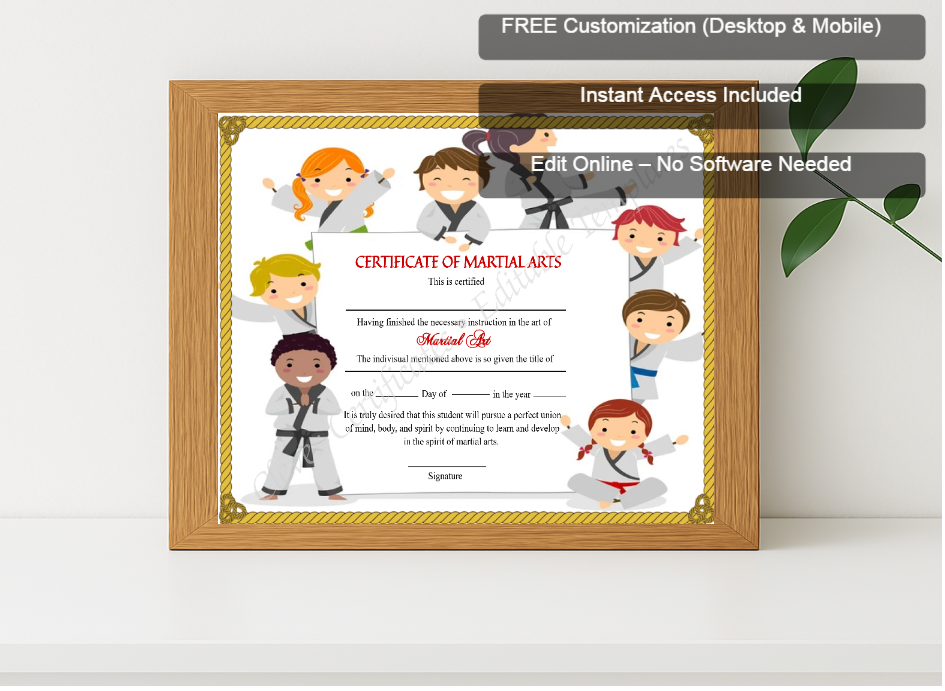 Premium mockup with Free Editor badge stack for Printable Kids Martial Arts Certificate