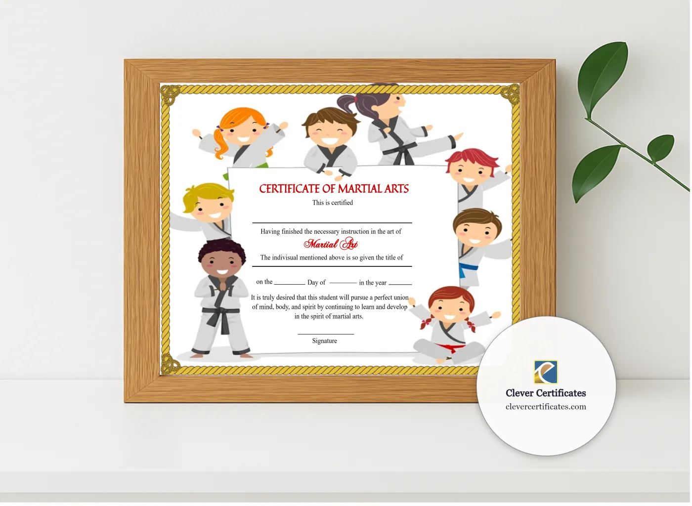 Realistic mockup featuring Printable Kids Martial Arts Certificate displayed within a modern frame, set against a minimalistic background.
