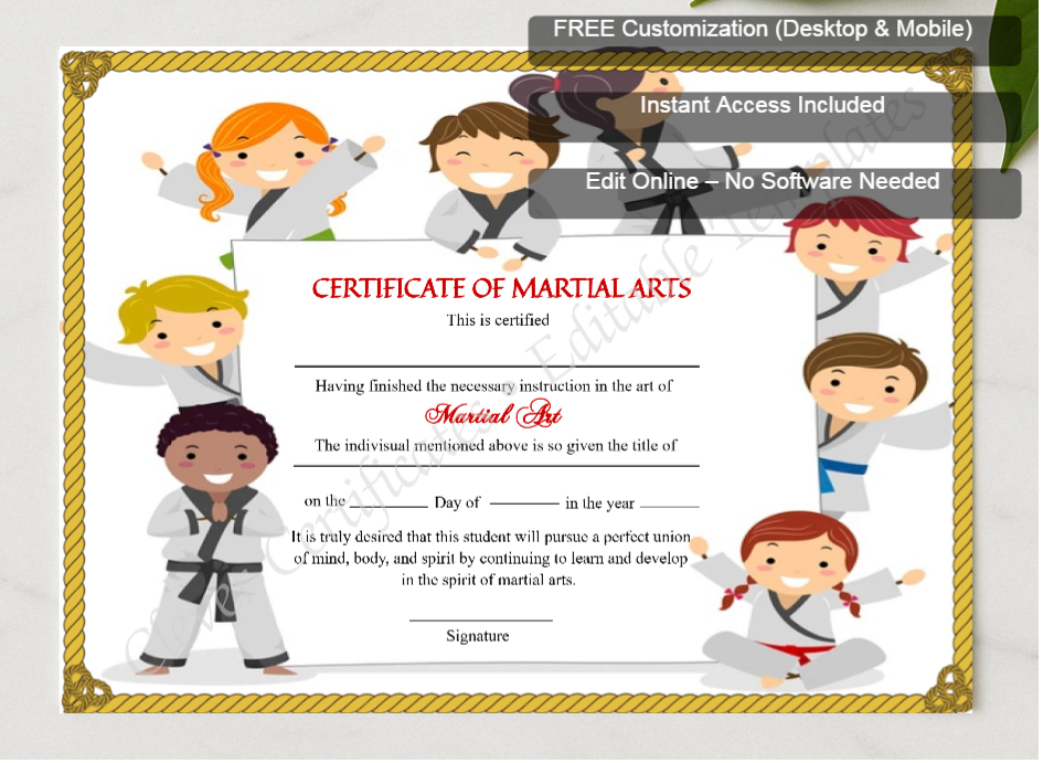 Framed preview featuring Free Editor badge stack for Printable Kids Martial Arts Certificate
