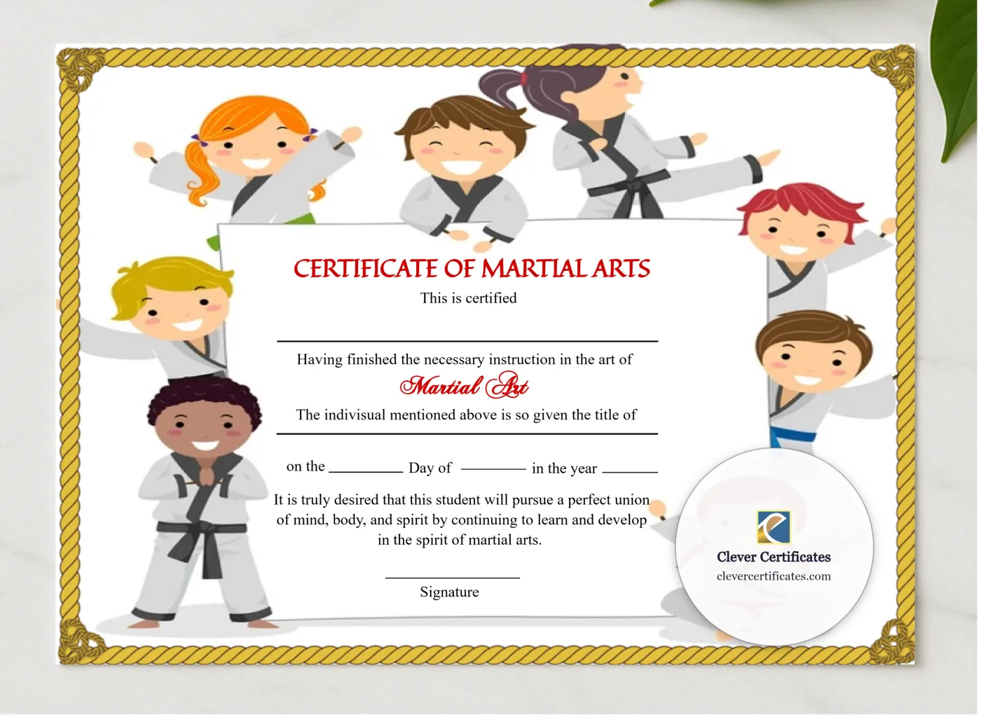 Printable Kids Martial Arts Certificate presented in a sleek wooden frame, elegantly arranged on a stylish table.