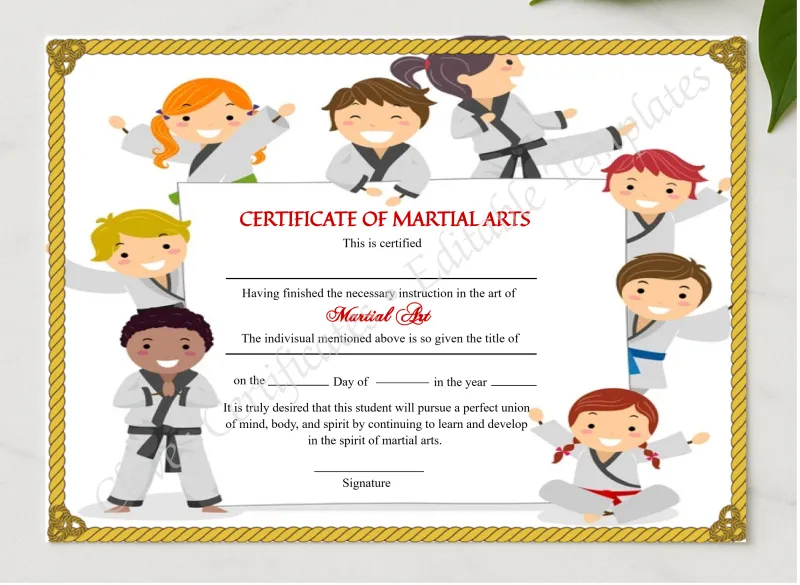 Printable Kids Martial Arts Certificate presented in a sleek wooden frame, elegantly arranged on a stylish table.