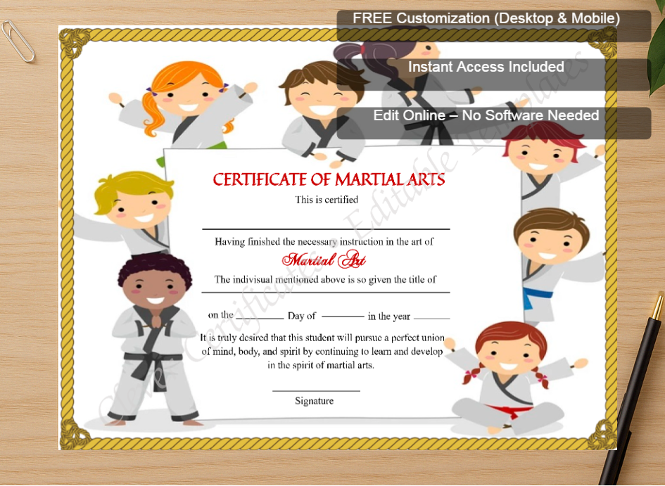 Zoomed preview with Free Editor badge stack for Printable Kids Martial Arts Certificate