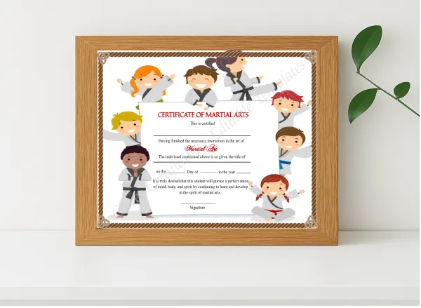 Realistic mockup featuring Modern Kids Martial Arts Certificate displayed within a modern frame, set against a minimalistic background.
