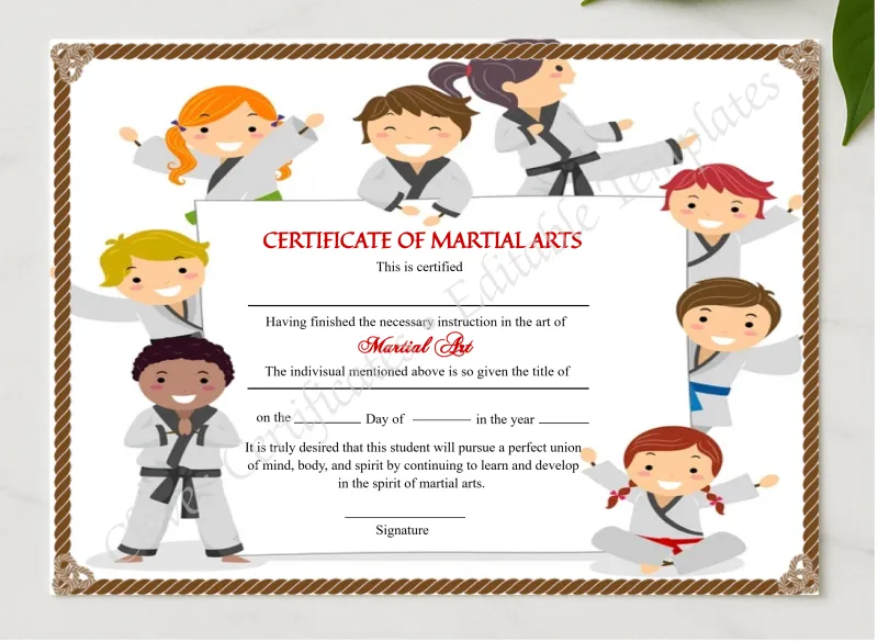 Modern Kids Martial Arts Certificate presented in a sleek wooden frame, elegantly arranged on a stylish table.