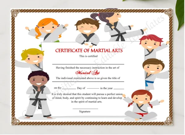 Modern Kids Martial Arts Certificate presented in a sleek wooden frame, elegantly arranged on a stylish table.