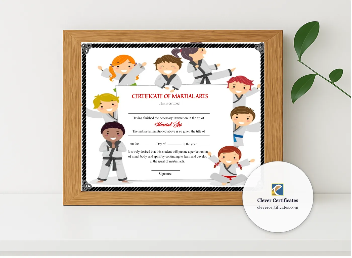 Realistic mockup featuring Customizable Kids Martial Arts Certificate displayed within a modern frame, set against a minimalistic background.