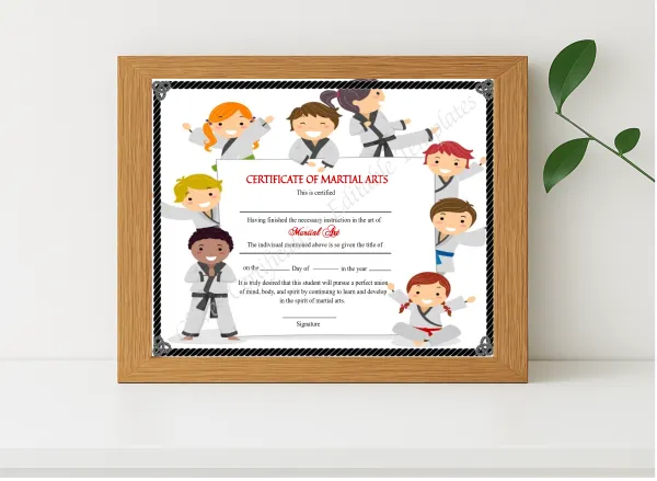 Realistic mockup featuring Customizable Kids Martial Arts Certificate displayed within a modern frame, set against a minimalistic background.
