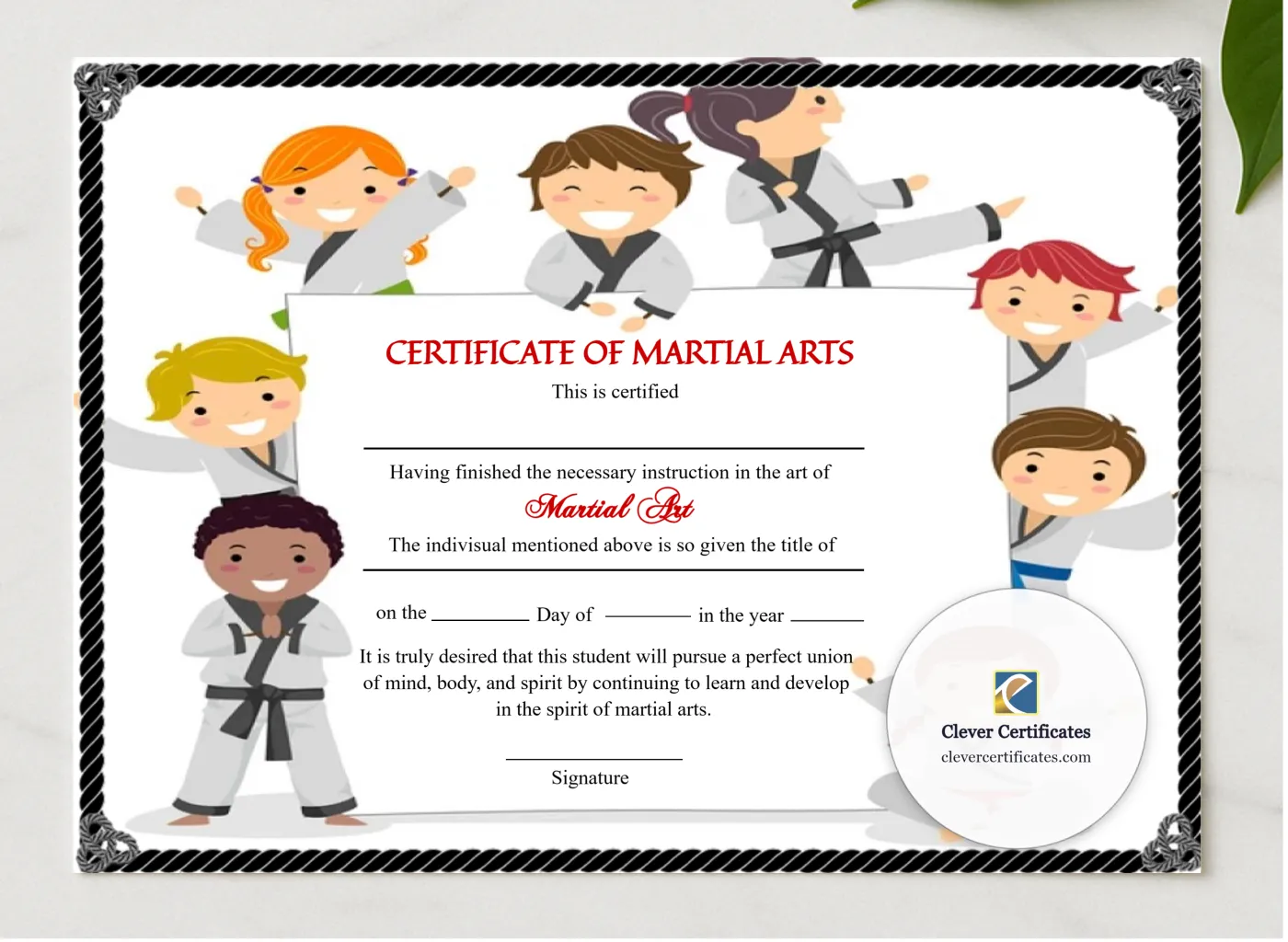 Customizable Kids Martial Arts Certificate presented in a sleek wooden frame, elegantly arranged on a stylish table.