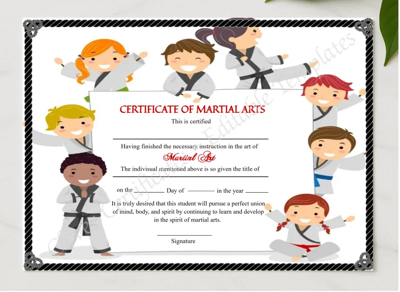 Customizable Kids Martial Arts Certificate presented in a sleek wooden frame, elegantly arranged on a stylish table.