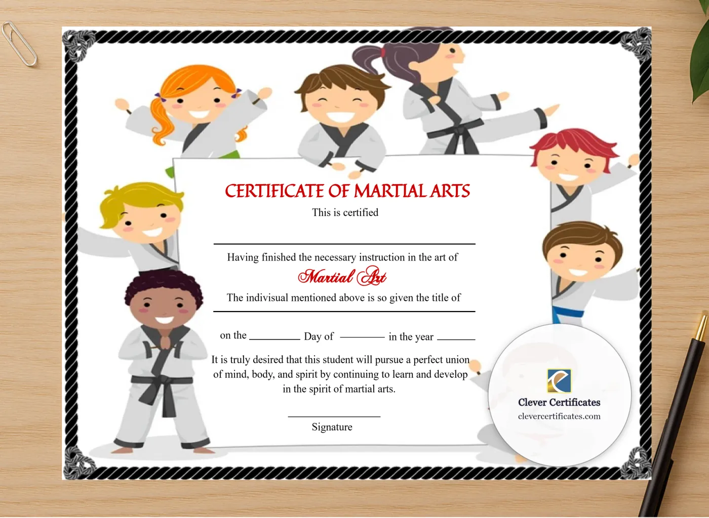 Professional preview of Customizable Kids Martial Arts Certificate certificate on high-quality stationery paper, ideal for showcasing the final look.