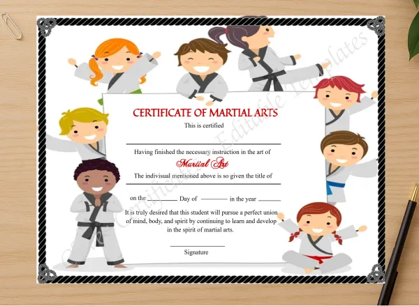 Professional preview of Customizable Kids Martial Arts Certificate certificate on high-quality stationery paper, ideal for showcasing the final look.
