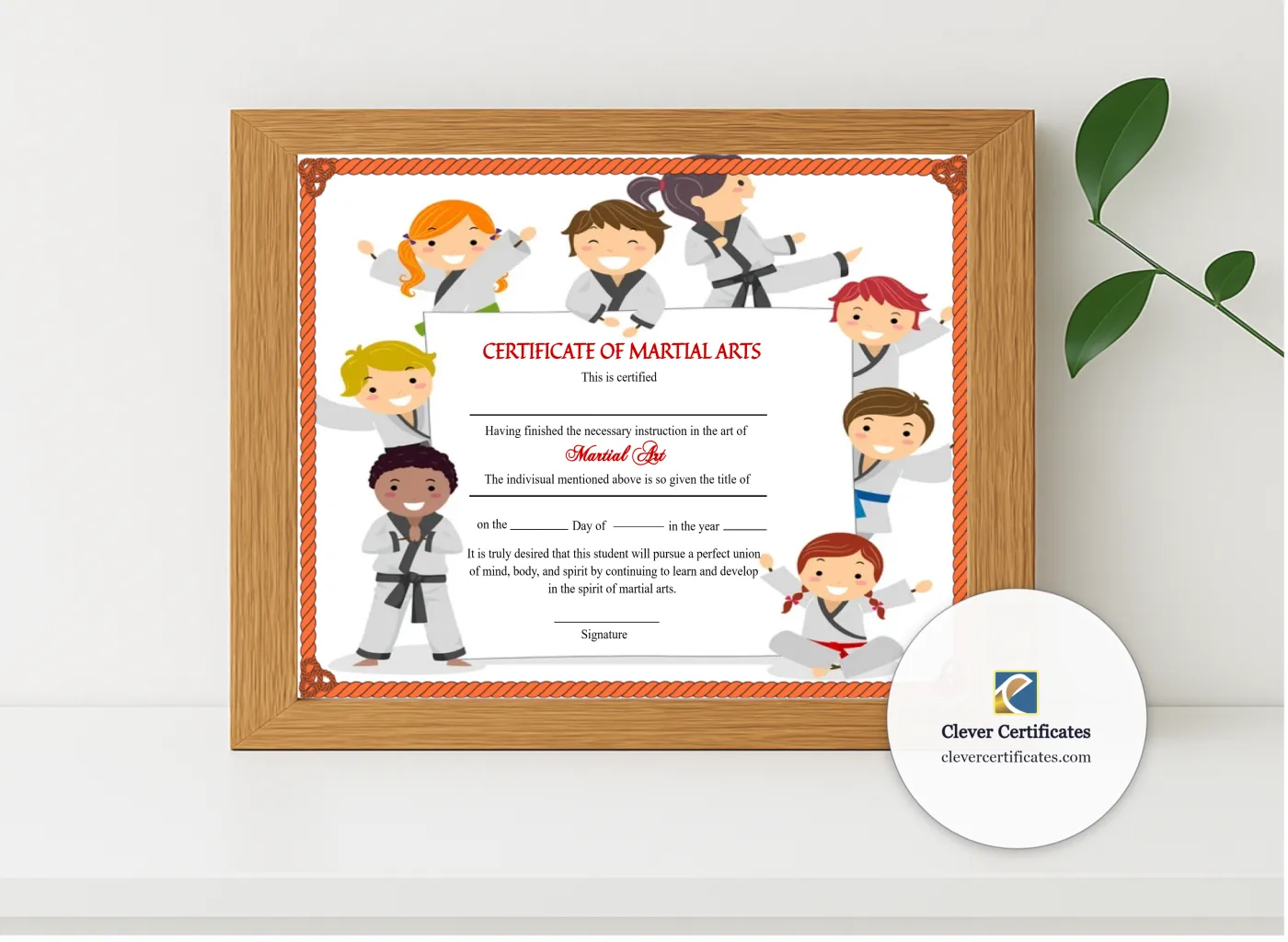 Realistic mockup featuring Elegant Kids Martial Arts Certificate displayed within a modern frame, set against a minimalistic background.