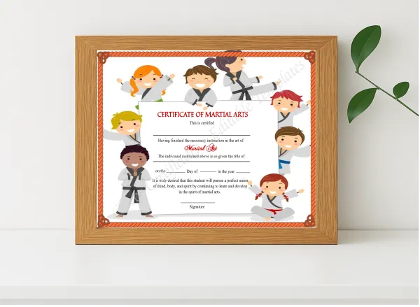 Realistic mockup featuring Elegant Kids Martial Arts Certificate displayed within a modern frame, set against a minimalistic background.