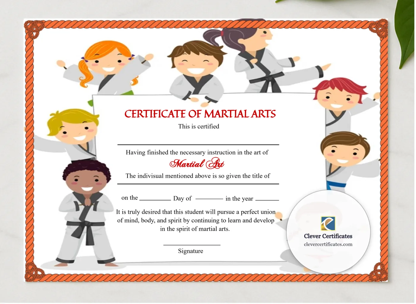 Elegant Kids Martial Arts Certificate presented in a sleek wooden frame, elegantly arranged on a stylish table.
