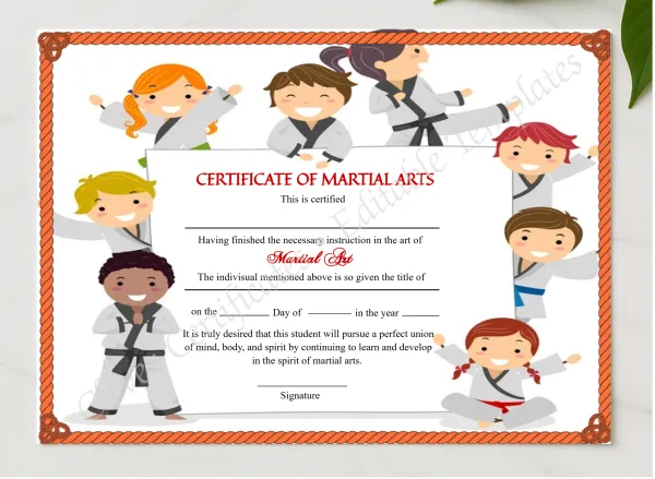 Elegant Kids Martial Arts Certificate presented in a sleek wooden frame, elegantly arranged on a stylish table.
