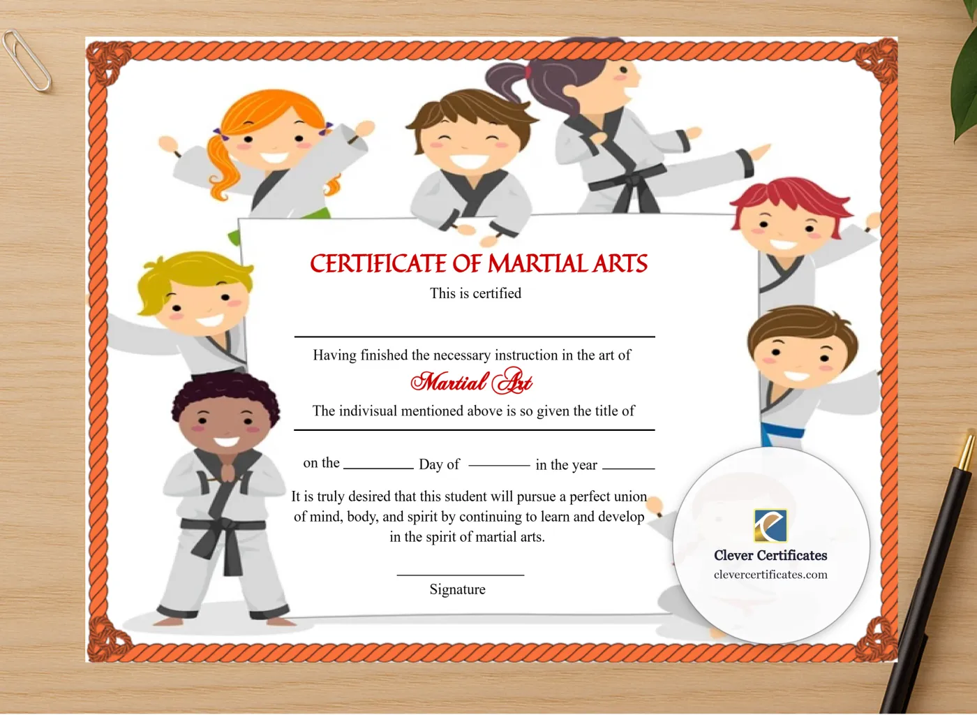 Professional preview of Elegant Kids Martial Arts Certificate certificate on high-quality stationery paper, ideal for showcasing the final look.