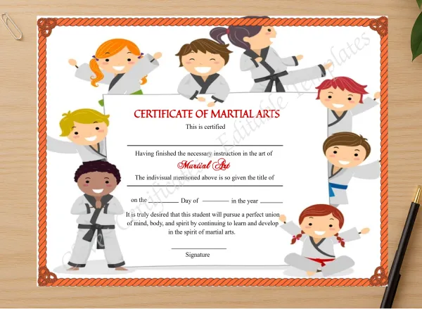 Professional preview of Elegant Kids Martial Arts Certificate certificate on high-quality stationery paper, ideal for showcasing the final look.