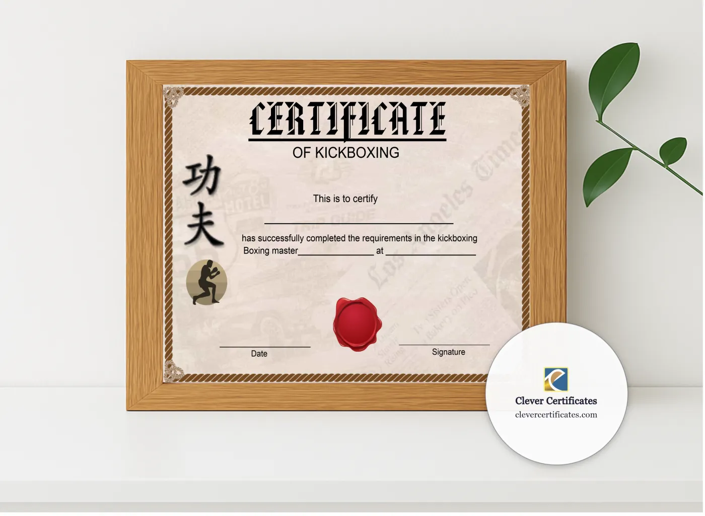 Realistic mockup featuring Editable Kickboxing Certificate displayed within a modern frame, set against a minimalistic background.