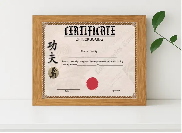 Realistic mockup featuring Editable Kickboxing Certificate displayed within a modern frame, set against a minimalistic background.