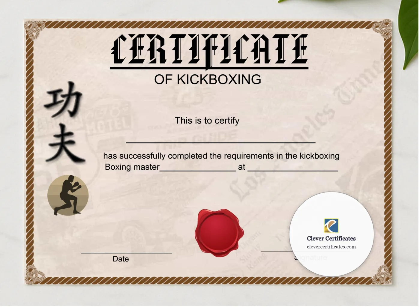 Editable Kickboxing Certificate presented in a sleek wooden frame, elegantly arranged on a stylish table.