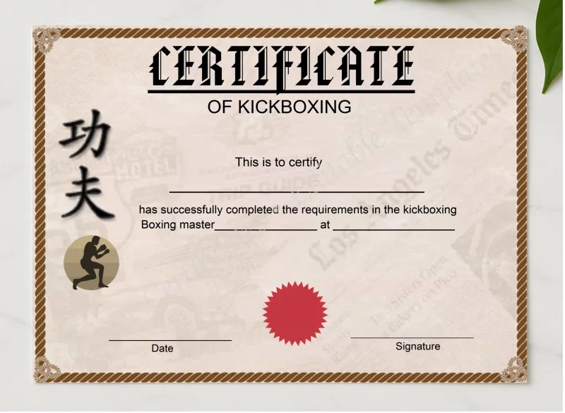 Editable Kickboxing Certificate presented in a sleek wooden frame, elegantly arranged on a stylish table.