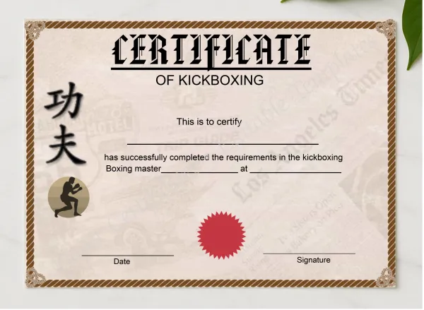 Editable Kickboxing Certificate presented in a sleek wooden frame, elegantly arranged on a stylish table.