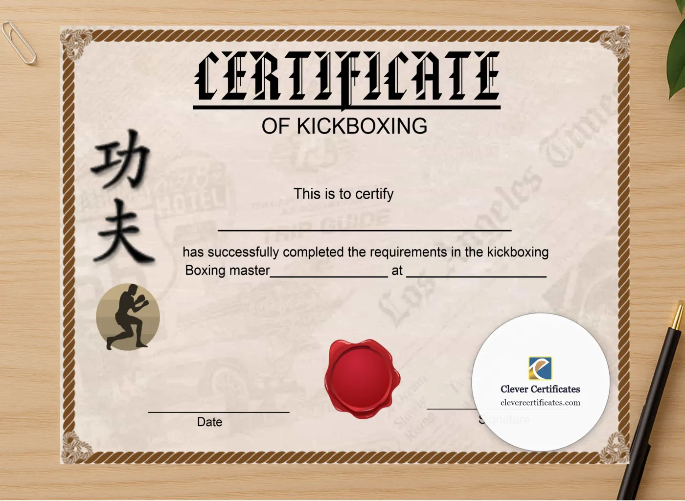 Professional preview of Editable Kickboxing Certificate certificate on high-quality stationery paper, ideal for showcasing the final look.