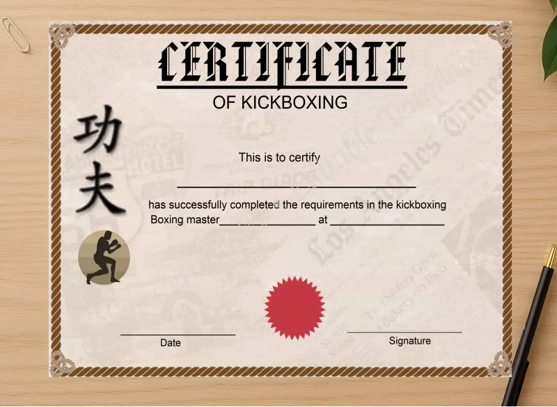 Professional preview of Editable Kickboxing Certificate certificate on high-quality stationery paper, ideal for showcasing the final look.