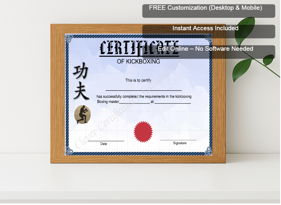 Premium mockup with Free Editor badge stack for Printable Kickboxing Certificate