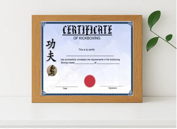 Realistic mockup featuring Printable Kickboxing Certificate displayed within a modern frame, set against a minimalistic background.