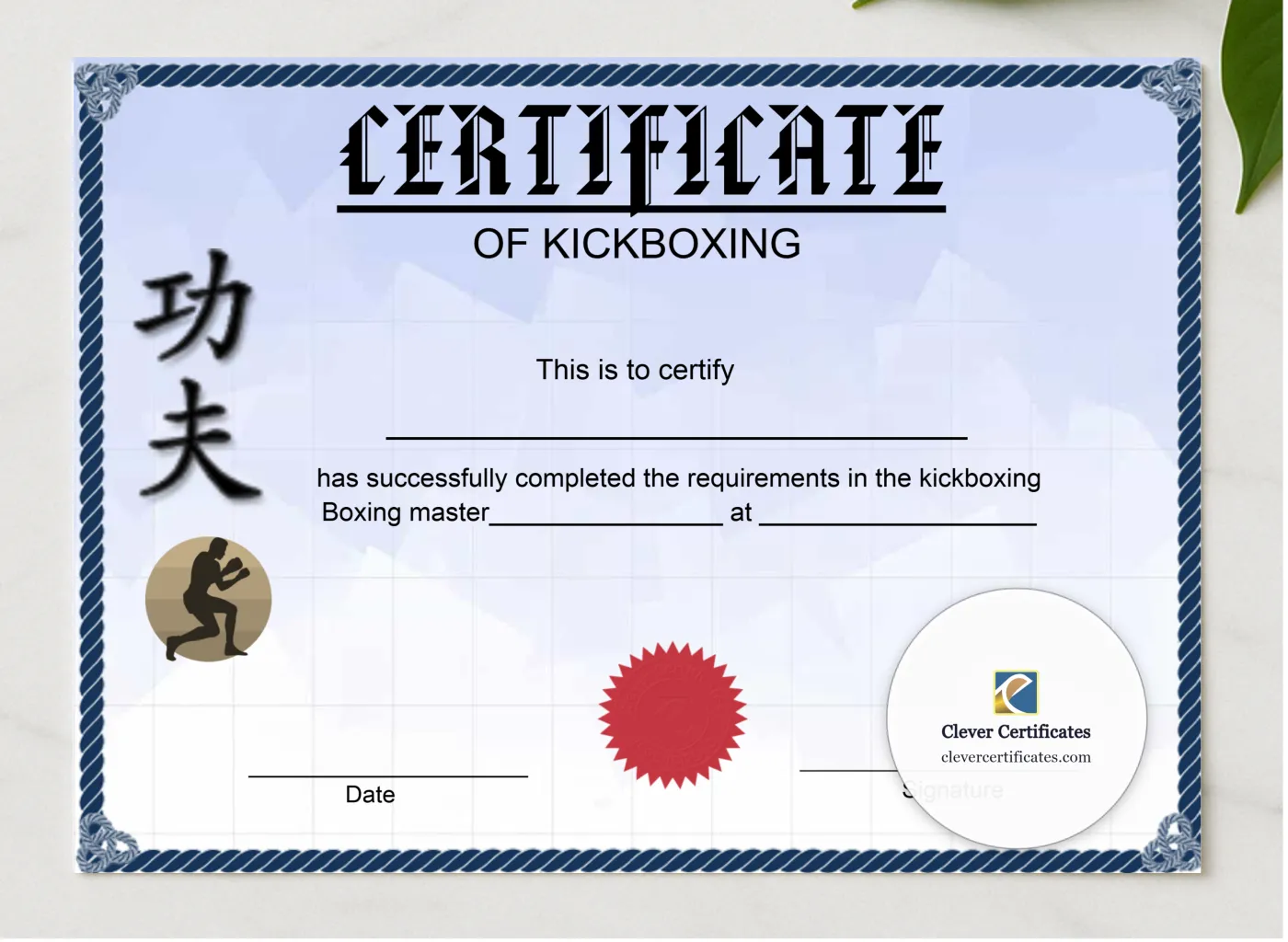 Printable Kickboxing Certificate presented in a sleek wooden frame, elegantly arranged on a stylish table.