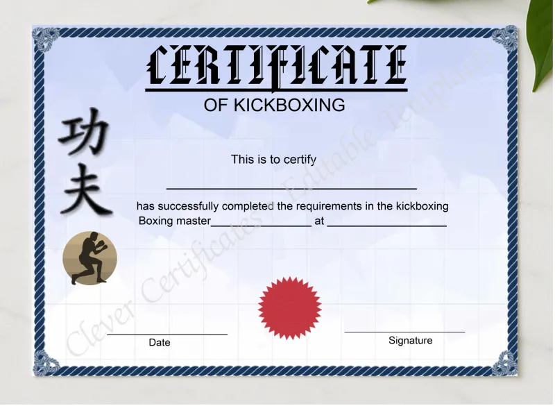 Printable Kickboxing Certificate presented in a sleek wooden frame, elegantly arranged on a stylish table.