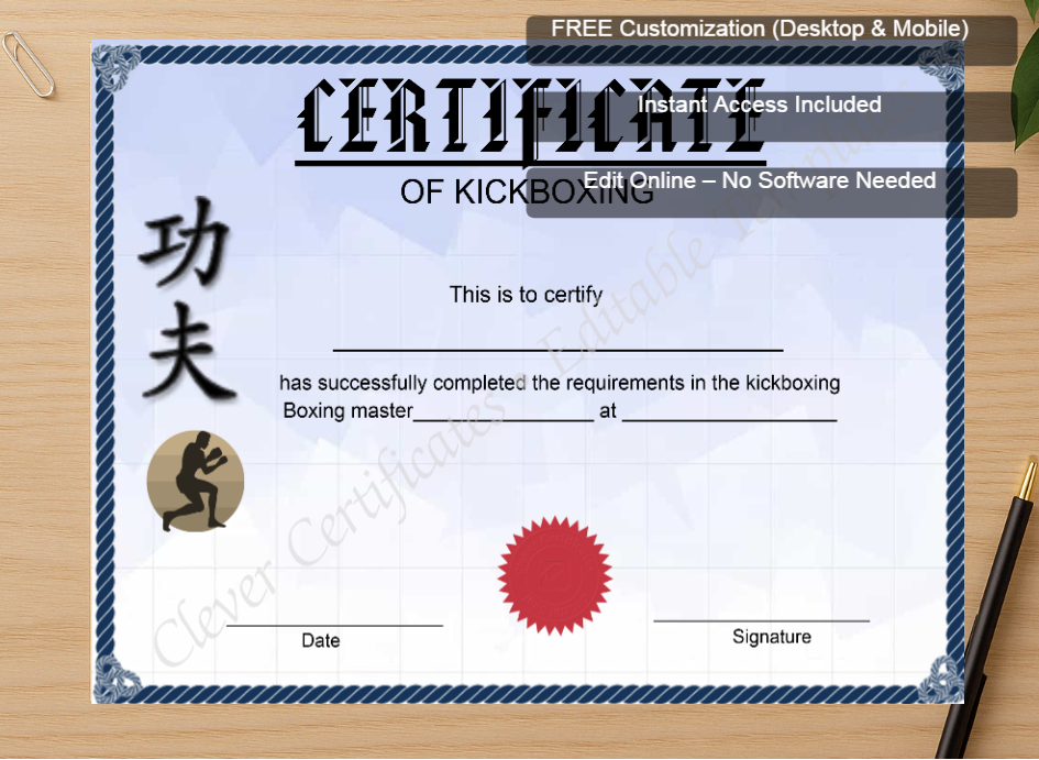 Zoomed preview with Free Editor badge stack for Printable Kickboxing Certificate