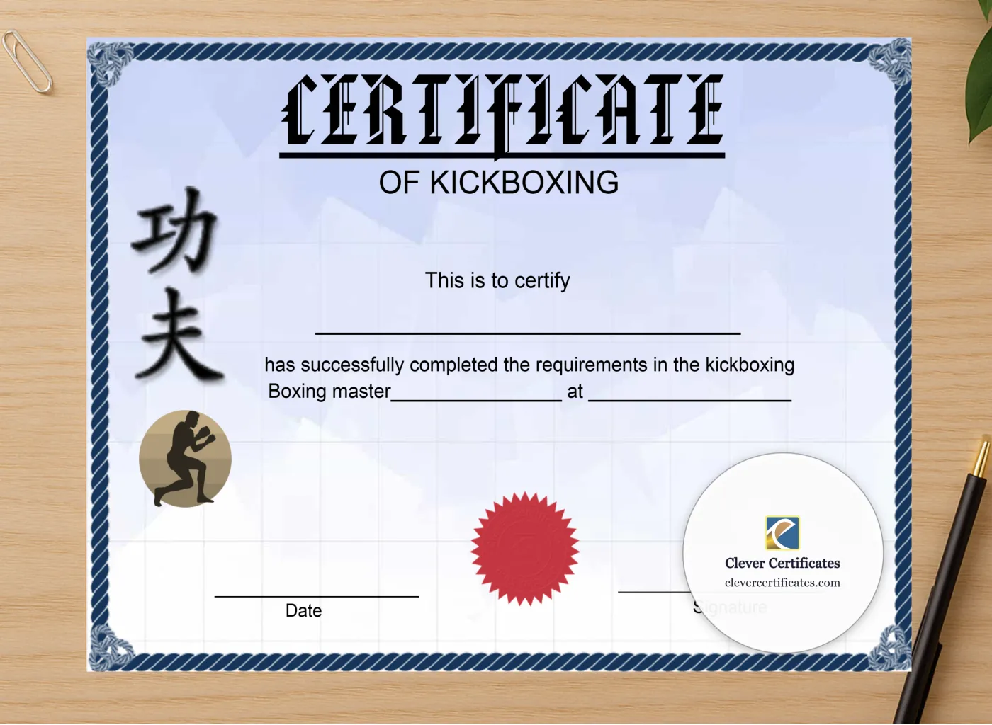 Professional preview of Printable Kickboxing Certificate certificate on high-quality stationery paper, ideal for showcasing the final look.