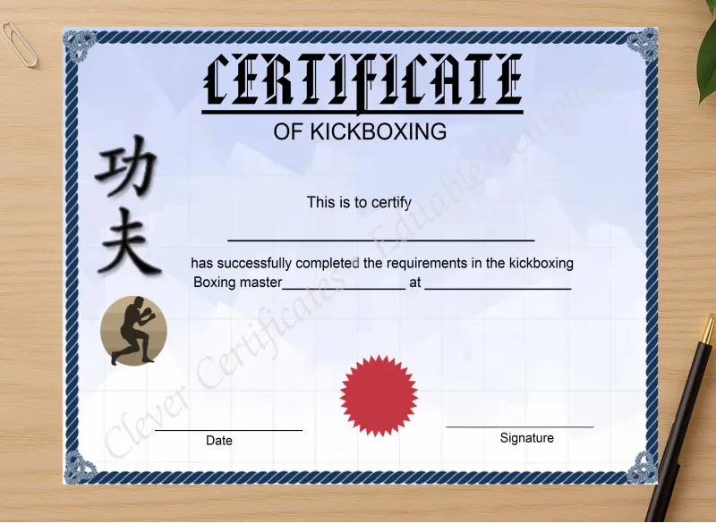 Professional preview of Printable Kickboxing Certificate certificate on high-quality stationery paper, ideal for showcasing the final look.