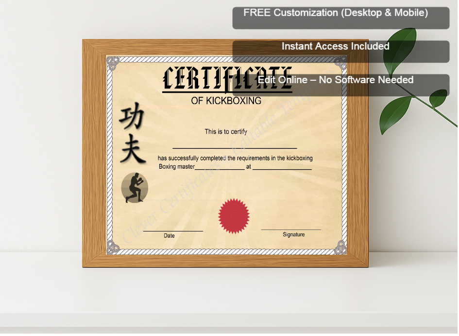 Premium mockup with Free Editor badge stack for Customizable Kickboxing Certificate