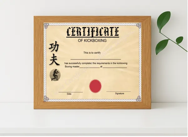 Realistic mockup featuring Customizable Kickboxing Certificate displayed within a modern frame, set against a minimalistic background.