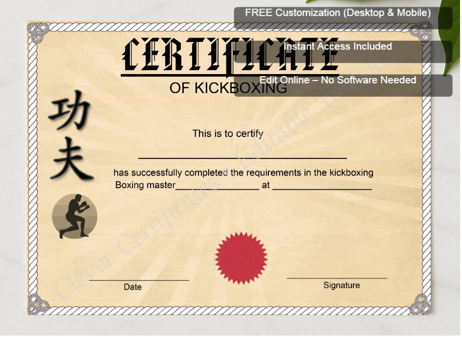 Framed preview featuring Free Editor badge stack for Customizable Kickboxing Certificate