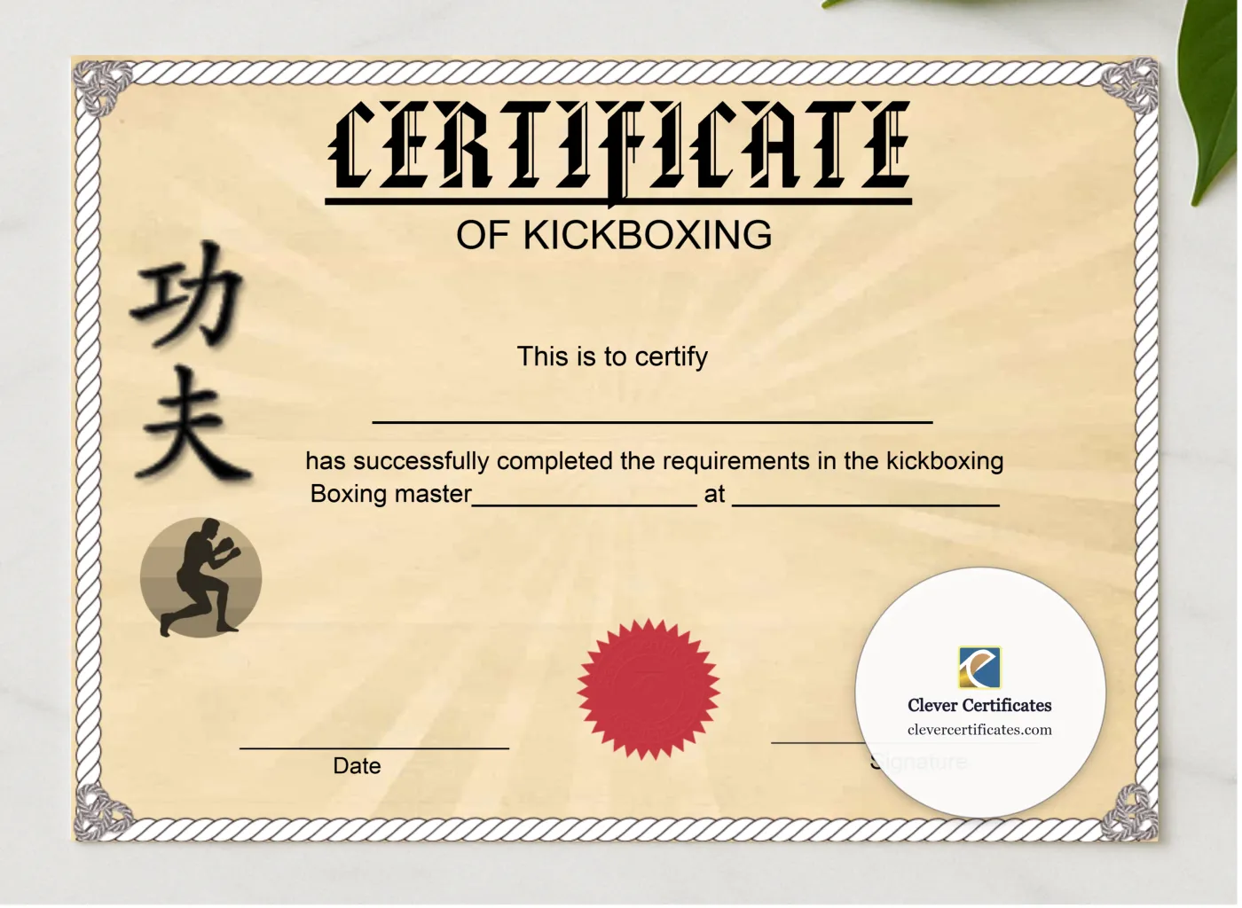 Customizable Kickboxing Certificate presented in a sleek wooden frame, elegantly arranged on a stylish table.