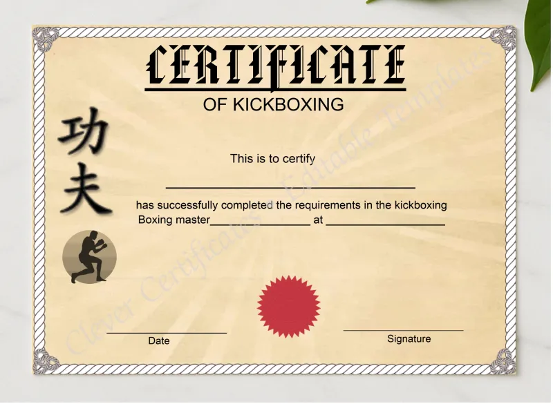 Customizable Kickboxing Certificate presented in a sleek wooden frame, elegantly arranged on a stylish table.