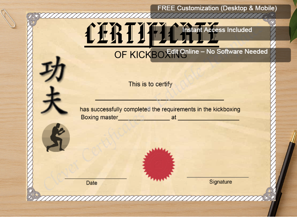 Zoomed preview with Free Editor badge stack for Customizable Kickboxing Certificate