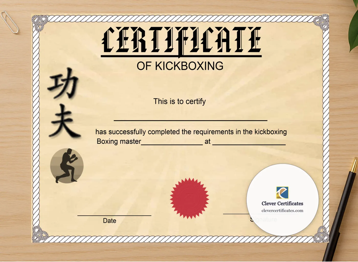 Professional preview of Customizable Kickboxing Certificate certificate on high-quality stationery paper, ideal for showcasing the final look.