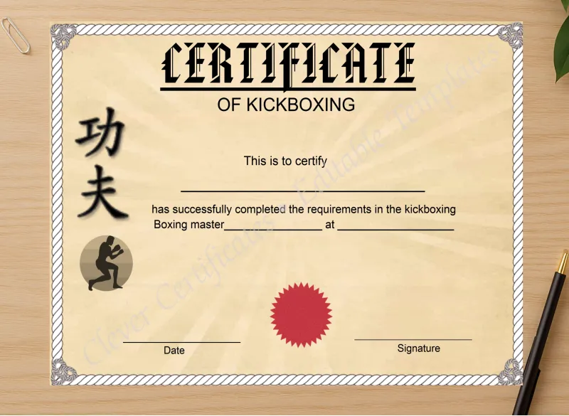 Professional preview of Customizable Kickboxing Certificate certificate on high-quality stationery paper, ideal for showcasing the final look.