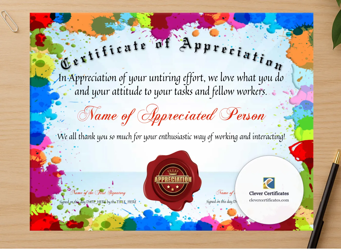 Professional preview of Certificate Of Appreciation certificate on high-quality stationery paper, ideal for showcasing the final look.