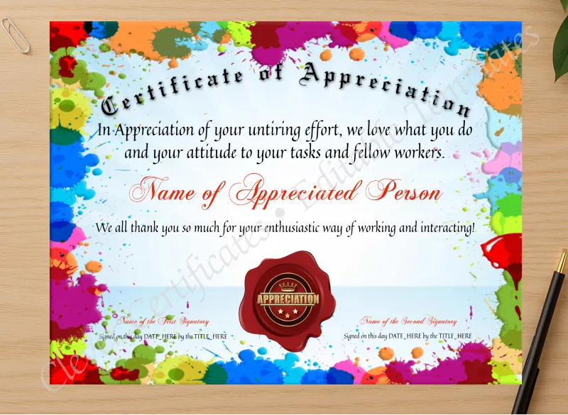 Professional preview of Certificate Of Appreciation certificate on high-quality stationery paper, ideal for showcasing the final look.