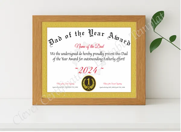 Realistic mockup featuring Dad Of The Year Award displayed within a modern frame, set against a minimalistic background.