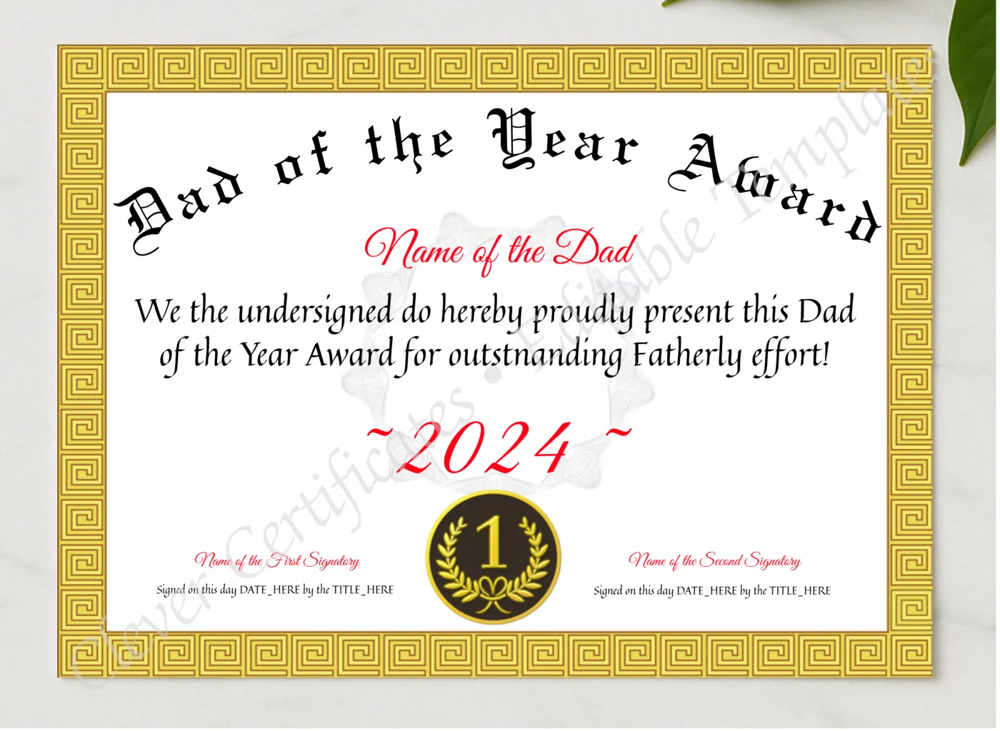 Dad Of The Year Award presented in a sleek wooden frame, elegantly arranged on a stylish table.