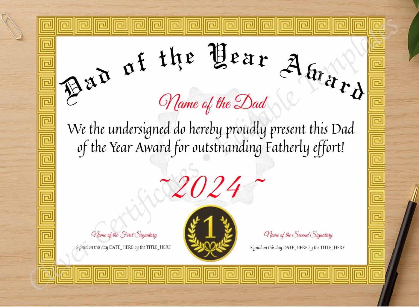 Professional preview of Dad Of The Year Award certificate on high-quality stationery paper, ideal for showcasing the final look.