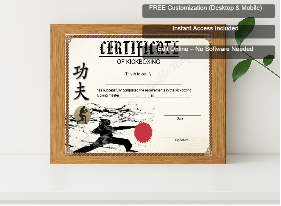 Premium mockup with Free Editor badge stack for Modern Kickboxing Certificate